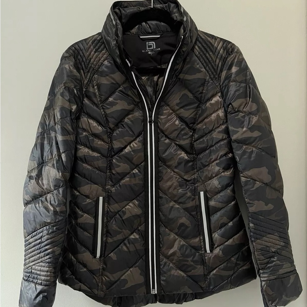Womens Blanc Noir super hero puffer, down filled, reflective trim, dark camo